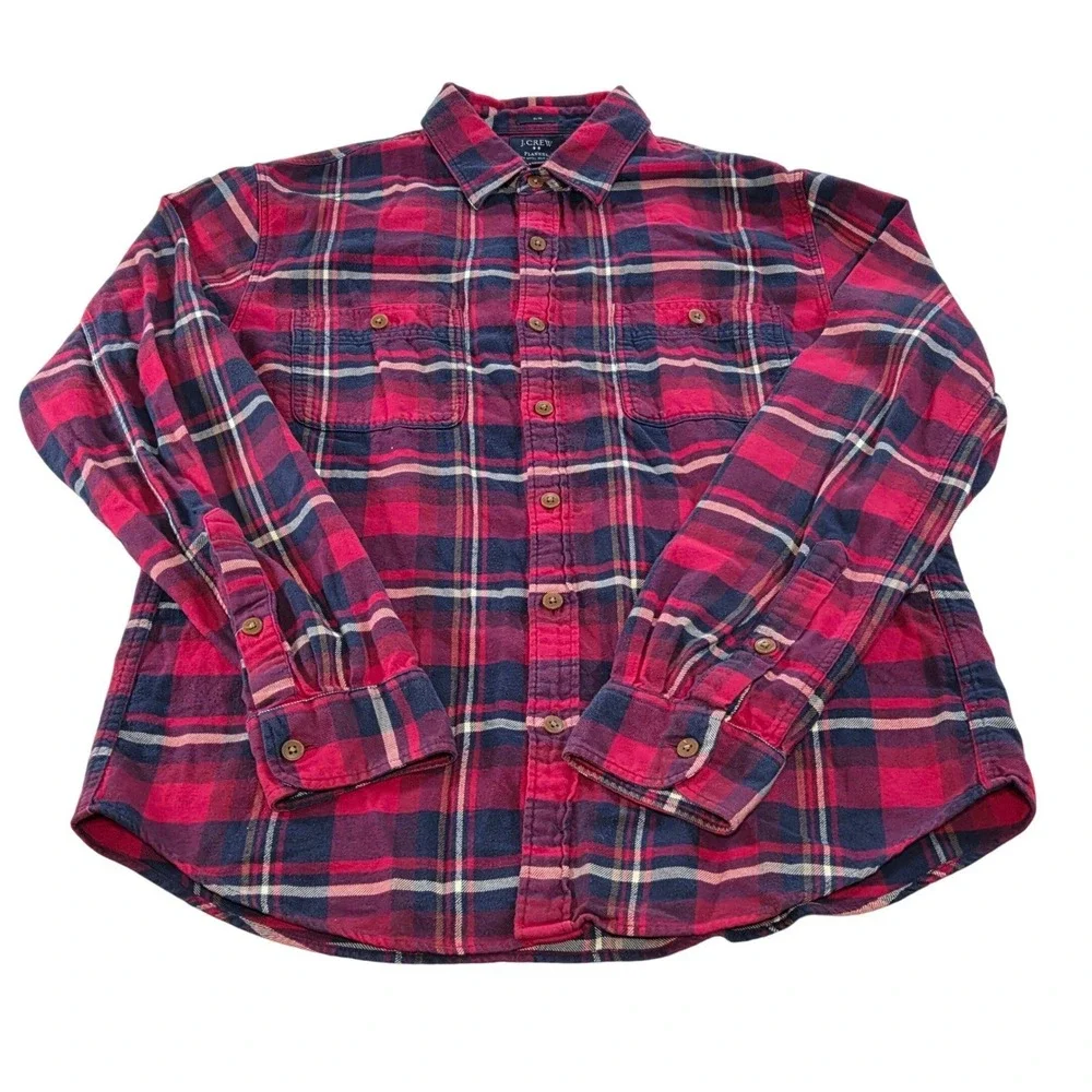 J. Crew Flannel Shirt Slim Fit Button Down Red Plaid Cotton Mens Large L‎